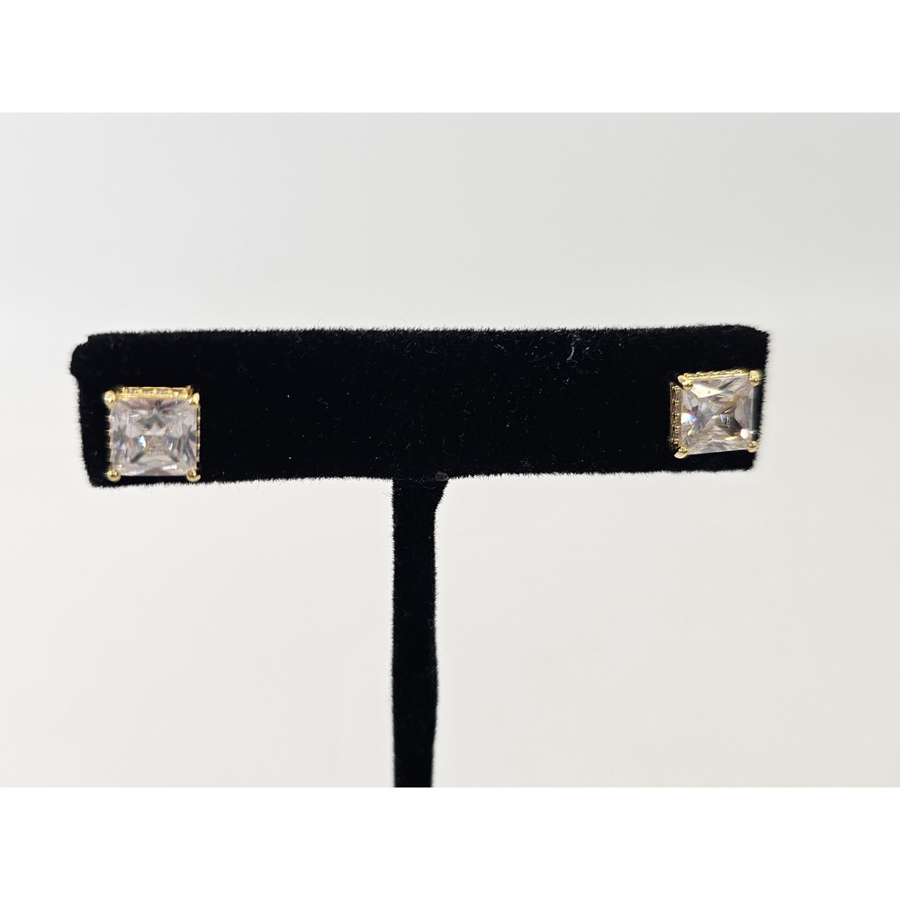 Sterling Silver .925 Gold Tone Square Stud Earrings Cubic Zirconia CZ Everyday